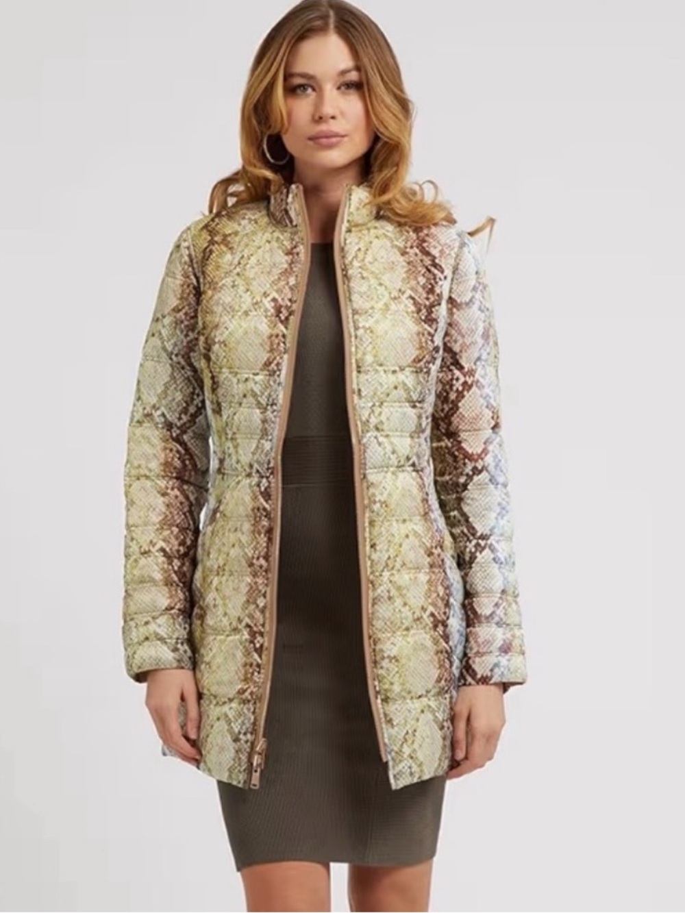 GUESS Y2K Eco Thermo Reversible Puffer Midi Jacket Taupe/Multicolor Snakeskin XS